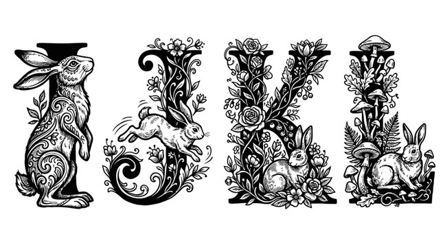 Ornate Alphabet Letters with Rabbits, Flowers, Mushrooms