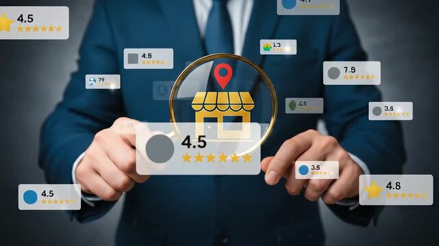 Businessman analyzing local store ratings using a magnifying glass