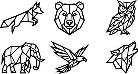 Fototapeta premium Geometric animal line art set featuring a fox a bear an owl an elephant an eagle and a unicorn