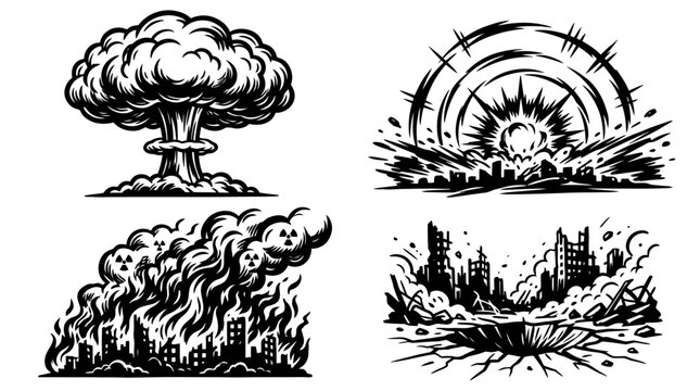 Apocalyptic Destruction: Nuclear Explosion, City Fire, Blast Wave, Ruined City