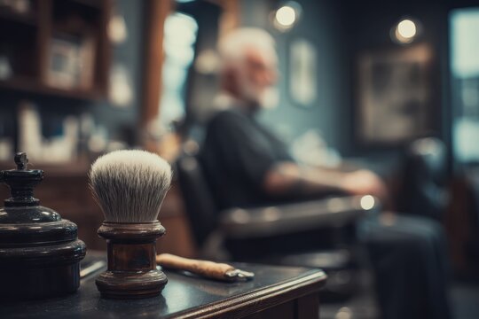 Barbershop tools for professional male stylist. Hair brush for foam on barbers table in beauty salon. Brush for shaving beard along with bowl, blurred background of hair salon for men, barber shop.