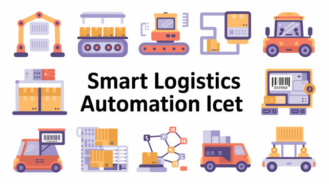 Smart Logistics Automation Icons A Collection Of Fifteen Flat Vector Illustrations On White Background supply chain delivery transportation