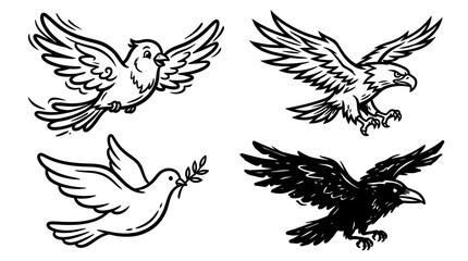 Fototapeta premium Diverse Birds Flying Collage: Dove, Eagle, Crow, Sparrow