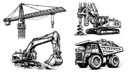 Construction Equipment Vector Set: Crane, Excavator, Drill, Dump Truck © Wilujeng Graphic
