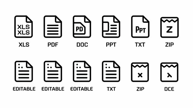 File Type Icons Representing Various Document Formats Displayed On A White Background filetype xls xlsx pdf doc powerpoint