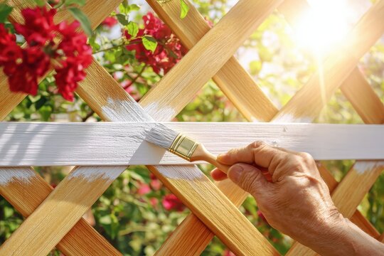 Worker hand, protected staining a wooden railing with paintbrush. White oil for protection of wood lattice with diagonal pattern. Painting for protecting pests. Applying finish to garden backyard deck