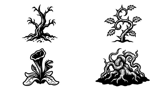 Spooky Plants Icons: Dead Tree, Thorn Vine, Carnivorous Plant, Roots