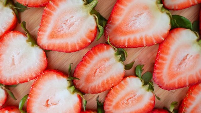 Bright strawberry slices arranged in an organized composition symbolize vitality, wellness, productivity, and the value of natural resources in everyday nutrition. 4k.
