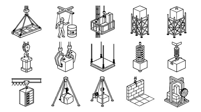 Isometric construction lifting equipment icons set with cranes pulleys and industrial machinery.