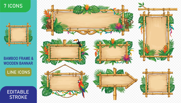 Jungle themed bamboo frames and wooden banners with monkeys and parrots in vector format