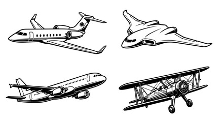 Diverse Aircraft Collection: Jet, Biplane, Futuristic Flyer, Airliner © Wilujeng Graphic