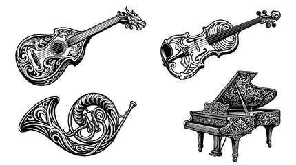 Ornate Musical Instruments: Violin, Guitar, Piano, Horn © Wilujeng Graphic