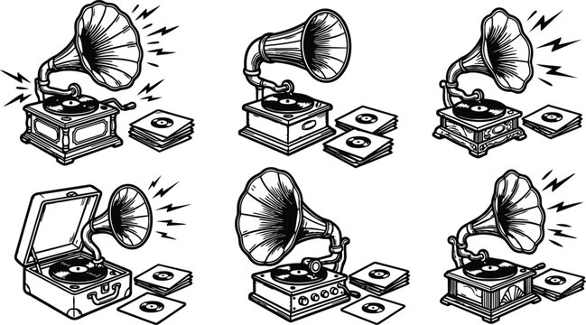 Vintage gramophone with records vector line art