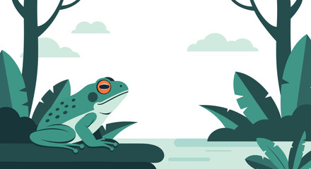 Fototapeta premium Green Frog Sitting by Water in Forest