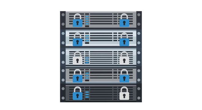Secure Server Rack with Padlock Icons for Cybersecurity, Data Protection, and Cloud Hosting Privacy - Flat Vector Illustration on White Background