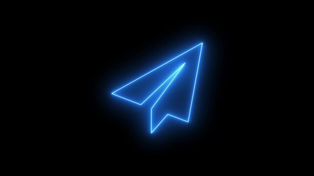 Blue color neon paper plane icon animation. Animated neon send icon isolated on black background.