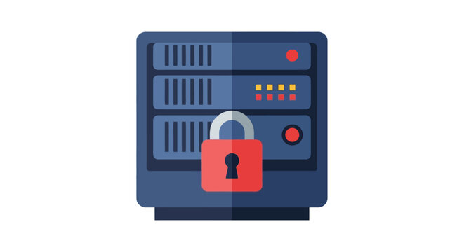 Cyber Security and Data Protection Concept: Flat Vector Illustration of a Secure Server Rack with a Red Padlock Icon for Information Safety and Cloud Privacy