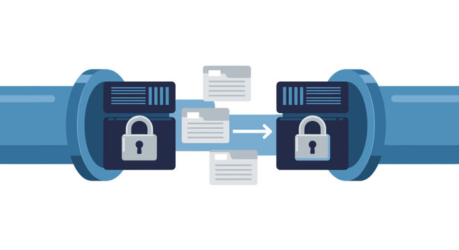 Secure Data Transfer and Server Migration Vector Illustration with Padlock Symbols and Encrypted Data Pipeline