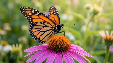 Fototapeta premium A monarch butterfly perched on a purple coneflower, with a blurred background of greenery and sunlight filtering through the leaves.