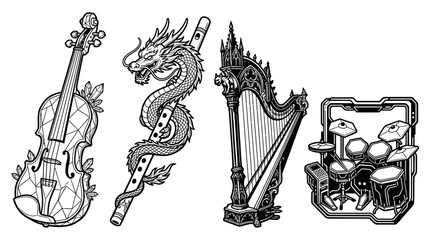 Fantasy Musical Instruments: Violin, Dragon Flute, Harp, Drums © Wilujeng Graphic