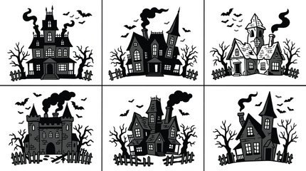 Obraz premium Haunted six panel vector illustration of eerie houses grid