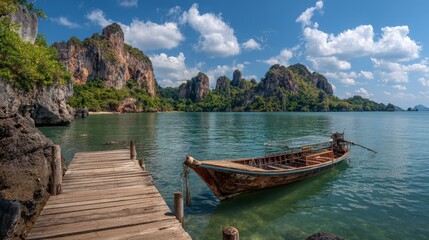 Fototapeta premium Traditional longtail boat on tranquil sea with limestone cliffs
