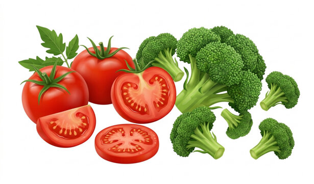 Fresh tomatoes and broccoli vector illustration isolated on white background