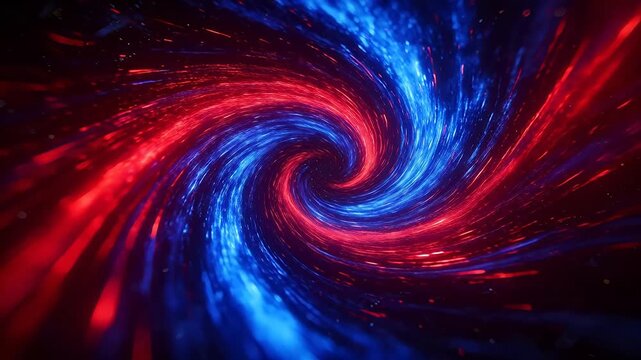 Red and blue spiral light bands forming dynamic vortex with glowing particles