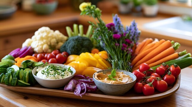 A colorful platter of raw vegetables and dips displayed in a cozy inviting kitchen setting