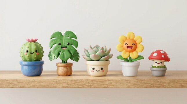 A collection of cute, cartoonish plant figurines with various facial expressions and poses, arranged on a wooden shelf against a plain white background.