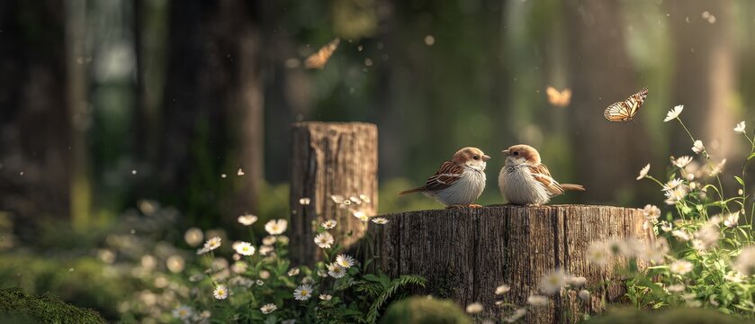Two Sparrows Perched on Tree Stump in Enchanted Forest
