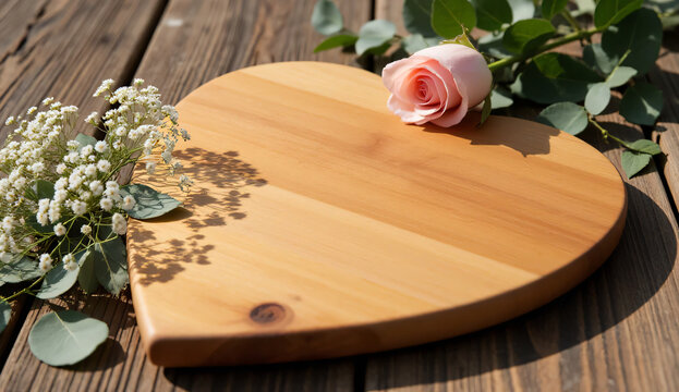 Heart shaped wooden board mockup with copy space on rustic wood background decorated with pink rose