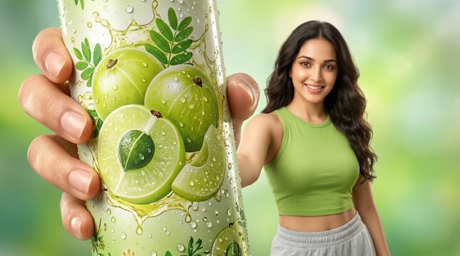 Smiling model in a green crop top presenting an amla juice can. Vivid green background featuring floating Indian gooseberries and refreshing splashes.
