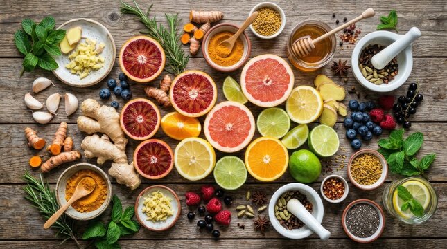 A variety of fresh fruits and spices arranged on a rustic wooden table, with a focus on turmeric, ginger, and lemon slices.