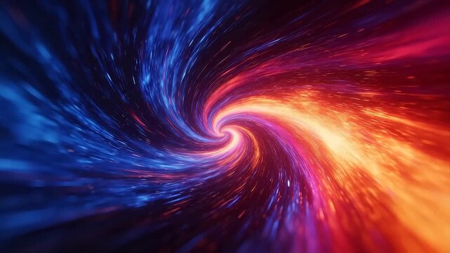 Colorful swirling vortex with blue purple and red spiral light trails in abstract space