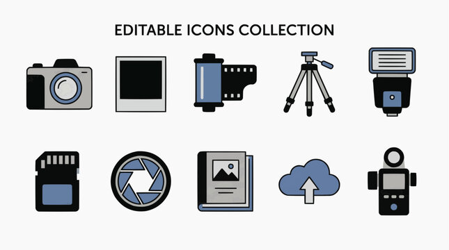 Photography Equipment and Media Management Digital Icon Set Featuring Camera Gear and Cloud Storage Elements