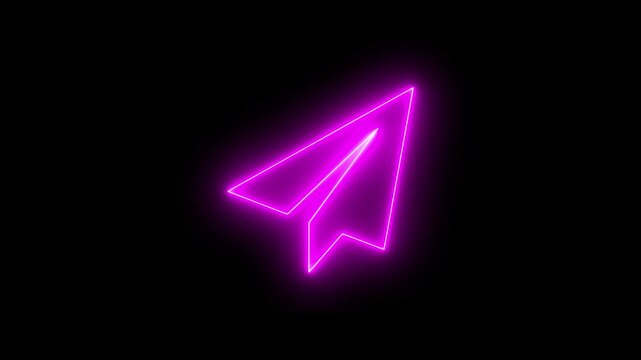 Violet color neon paper plane icon animation. Animated neon send icon isolated on black background.