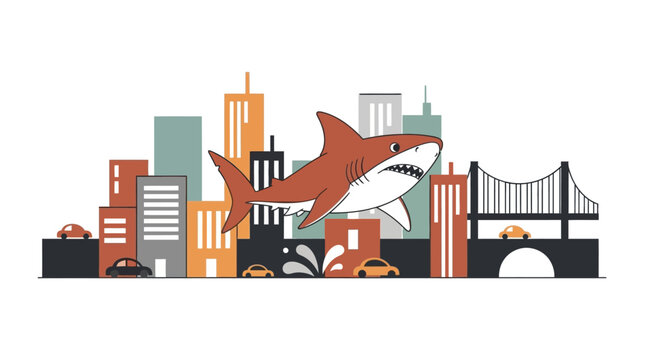 Shark attacks city skyline, urban danger concept