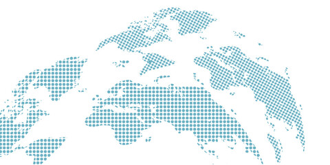 World map with blue and green gradient halftone dots. A global world map created from a blue and green gradient halftone dot pattern, forming a clean and modern geographic silhouette. © Arya