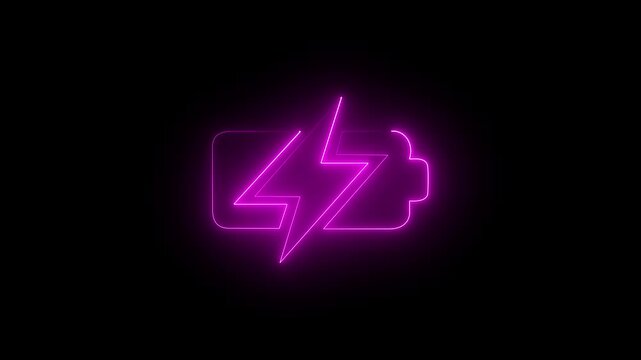 Glowing neon pink color battery icon animation with blinking bolt on black background. Battery charge level, power energy, electricity icon.