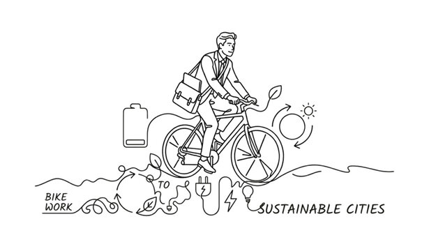 Young Businessman Going to Work by Bike Single Line Vector Illustration