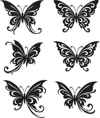 Obraz premium Decorative butterfly vector silhouette set isolated on white background, tribal butterfly tattoo design elements, ornament pack