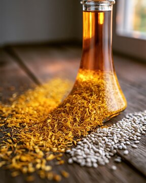 Amber liquid in flask with dried herbs and seeds on weathered wooden surface