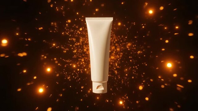 Cosmetic tube container floating amidst glowing particles in a magical digital motion animation for beauty advertising and skincare video projects