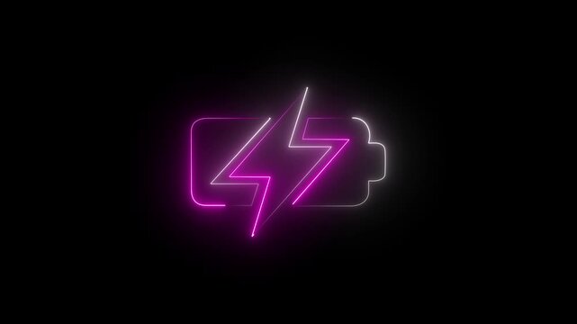 Glowing neon white and violet color battery icon animation with blinking bolt on black background. Battery charge level, power energy, electricity icon.