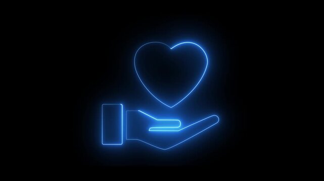 Glowing neon blue color love and hand icon on black background. Hand giving love symbol. Valentines day symbol Hand holding heart symbol icon animation 