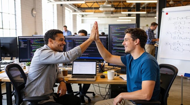 Programmers celebrating successful code deployment in a technology company workspace