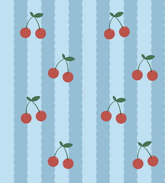 Sweet cherry fruit vector seamless background. Summer fruit pattern for textile, fabric, wrapping paper.