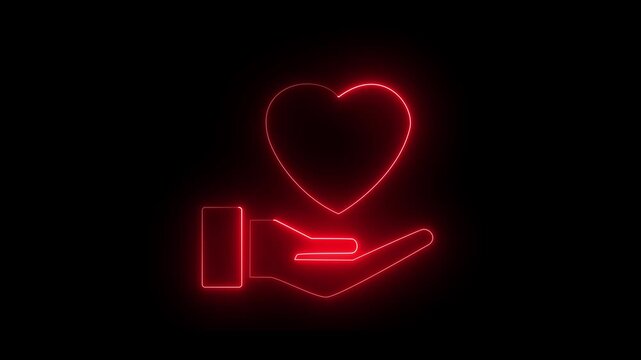 Glowing neon red color love and hand icon on black background. Hand giving love symbol. Valentines day symbol Hand holding heart symbol icon animation 
