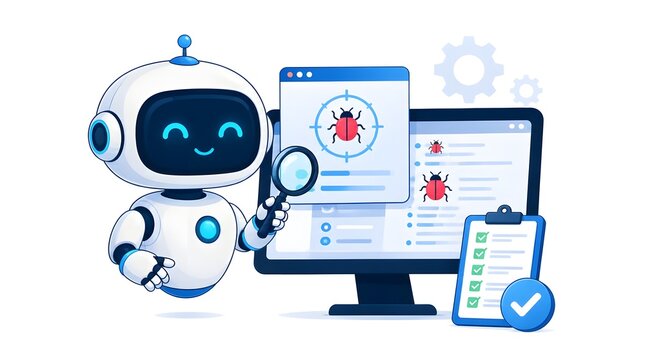 Robot performing software bug testing and quality assurance on computer screen, analyzing code for errors, ensuring efficient digital development with checklist.